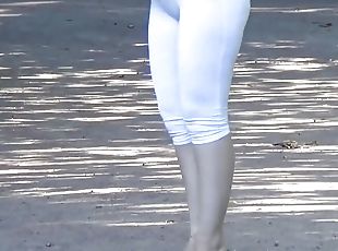 Big butts white leggings on walk