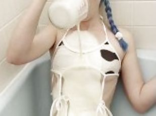 Babe in cow outfit POURS MILK ALL OVER herself
