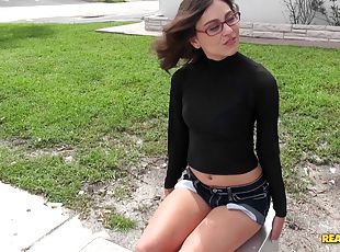 Flirty woman in glasses sucking a stranger's throbbing cock