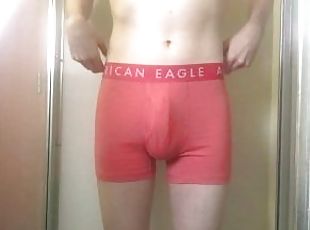 College Twink Peeing in Pink Trunks and Getting Hard