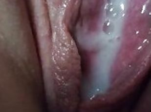 Creampied young cunt blows cum bubbles