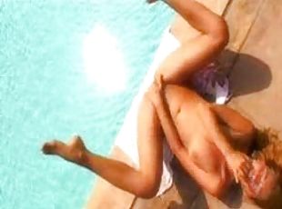 Hot girl bikini striptease and masturbation by pool