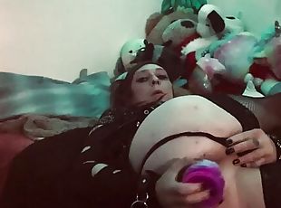 Goth trans girl destroys her ass with huge tentacle dildo 