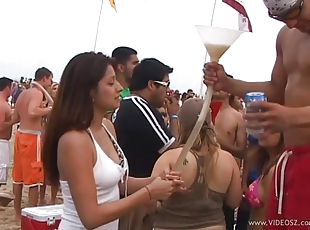 Filthy girls show their boobs at a party on a beach