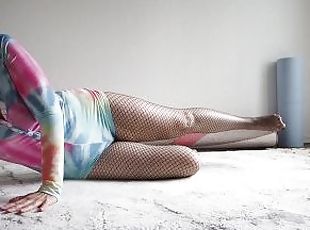 yoga in fishnet stockings