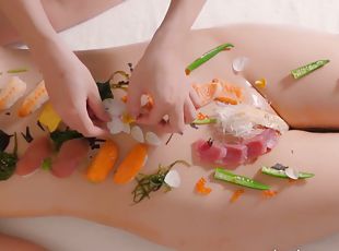 Sashimi On Pussy!? Enjoy Sushi On A Busty Babes Oiled Up Body