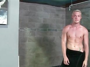 Big cock solo blonde strokes in the shower