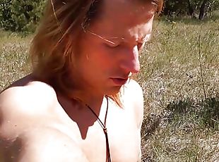 Selfsucking and jerking off in hot summer day