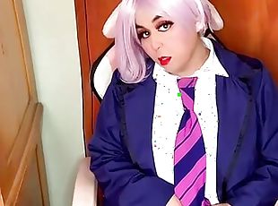 Cute chubby cosplay trans masturbating until peeing