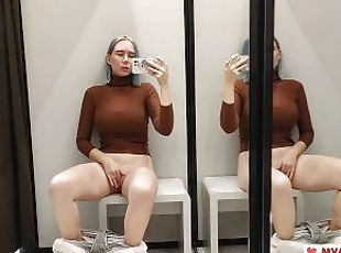 Masturbation in a fitting room in a mall. I Try on haul transparent clothes in fitting room and mast
