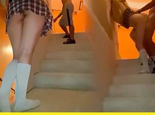hot schoolgirl fucks worker on the steps of his house
