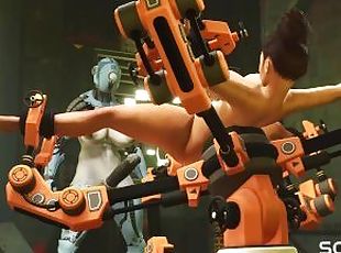 I just want your dick! Female robot shemale fucks a sexy cuffed busty brunette in the sci-fi lab