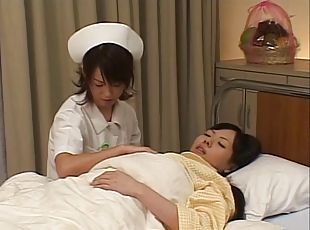 asiático, enfermera, orgasmo, lesbiana, japonés, con-los-dedos, medias, bragas, uniforme, nylon
