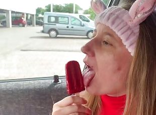 Ice cream time in the car ( Mukbang , Clothes on, licking ice cream )