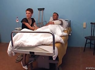 Lecherous nurse gets to fuck her patient in a steamy ffm threesome