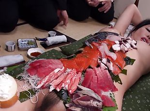 Kinky Japanese chick Haruka lets guys eat sushi off her body