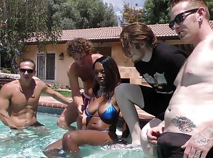Daya Knight chokes on erected dicks during a hot pool party