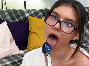 Small tits solo darling Stefany with glasses riding a dildo