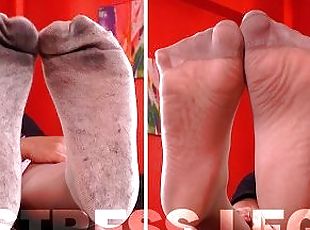 Mistress foot tease in dirty white socks over pantyhose