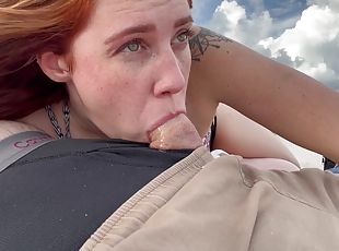 Slutty Redhead Gives Me A Risky Public Blowjob On The Beach Throatpie