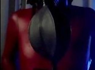 Latex Slut cooks her genitals with electricity and gets fucked with a giant dildo
