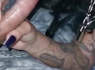 Tattooed Brunette Swallows Cum