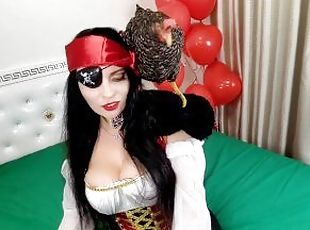Pretty pirate with a parrot hides treasures in her mouth and jerks off