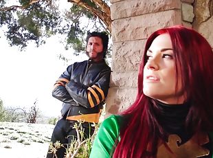 Smashing redhead pumps Wolverine's endless dick in outdoor role play
