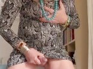 Daniela Monroe TV Spanish shemale masturbates and cums, snake dress, high heels, anal pearl